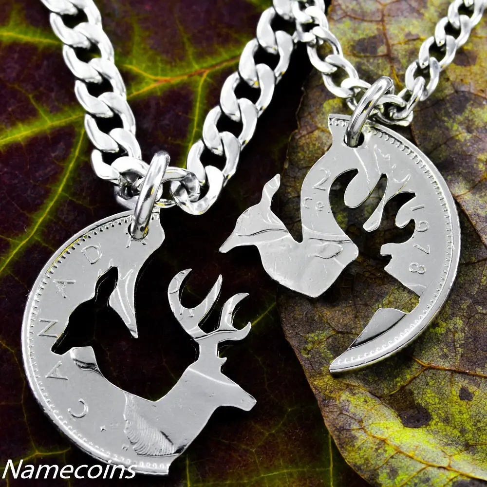 Buck and Doe Canadian Quarter, Necklace Set, Woodland Jewelry, Interlocking Hand Cut Coin