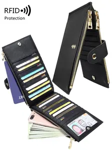 Ladies' Double Fold Card Wallet, RFID Anti-Theft Brush, Multifunctional Dual Zipper Long Wallet, Wallets Women, Dual Zipper Design, Can Hold Coins, Large Bills, Mobile Phones, Credit Cards, ID Windows, Suitable For Daily Portable Use, Unisex