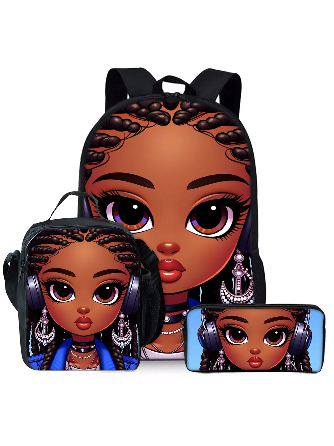 African Girl Print 3-Piece School Backpack Set, Lunch Bag, Pencil Case, Geometric Pattern Backpack