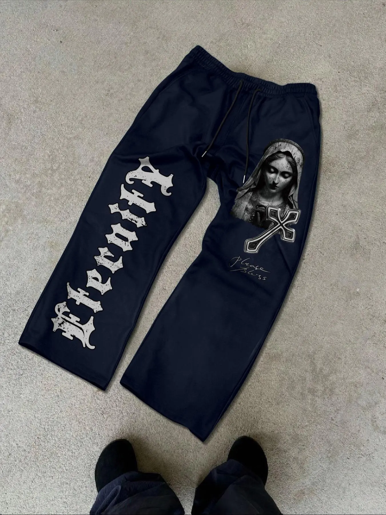 Unisex's Virgin Mary & Letter Print Drawstring Waist Casual Sweatpants, Street Fashion Graphic Pocket Pants for Daily Wear, Unisex's Bottoms for All Seasons, Halloween, Casual Sweatpants Style