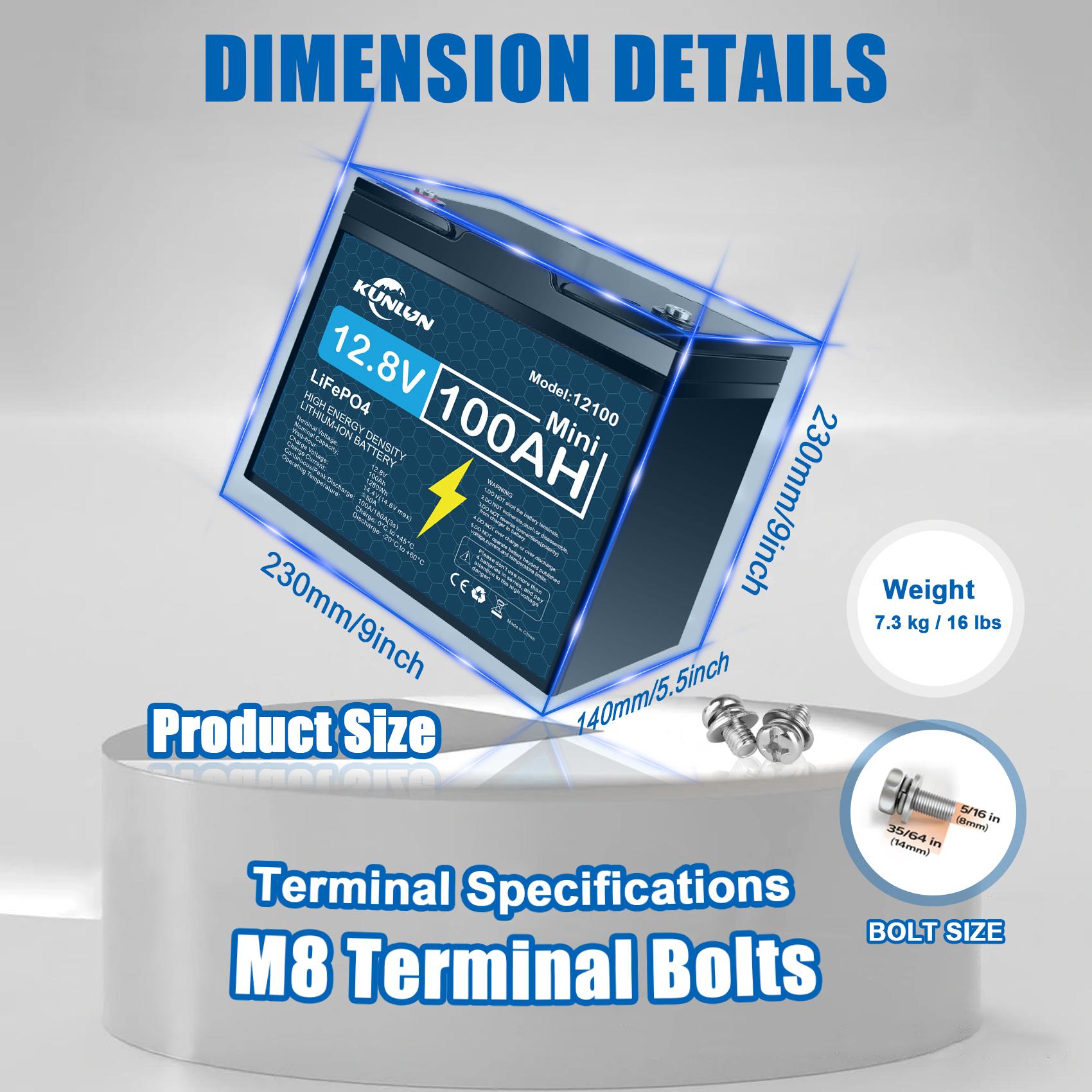KUNLUN 12V 100Ah LiFePO4 Battery Model 12100 with 100A Smart BMS 5000+ Cycles 1280Wh Energy for RV Marine Trolling Motors Off-Grid UPS Solar Camping E-Wheelchair Maintenance-Free Rechargeable Portable Power Station