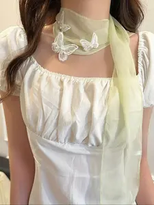 Spring Summer Pearl Double Layer Butterfly Scarf, Women's Lace Sweet Solid Color Hairband Scarf, Elegant Small Scarf for Fashionable Look