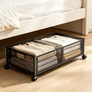 zhengwanhh09j 2PCS Industrial Style Under-Bed Storage Cart – Rolling Metal Mesh Organizer with 4 Wheels, Perfect for Clothes, Books & Accessories!
