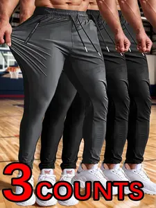 Men's High Elasticity Gym Shorts, Spring & Fall Thin Fashion Zipper Pockets Straight Leg Pants, Casual Outdoor Wear