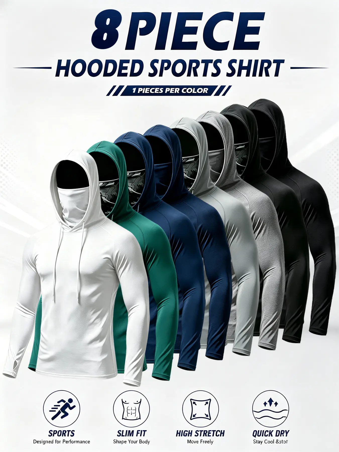 Men’s 8/6/3-Pack Solid Performance Hoodies - Lightweight, Stretch, Machine Washable Long Sleeve Athletic Tops with UPF 50+ UV-Protective, Moisture-Wicking, Quick-Dry Breathable Gym Gear for Running, Fishing Landscaping Essential