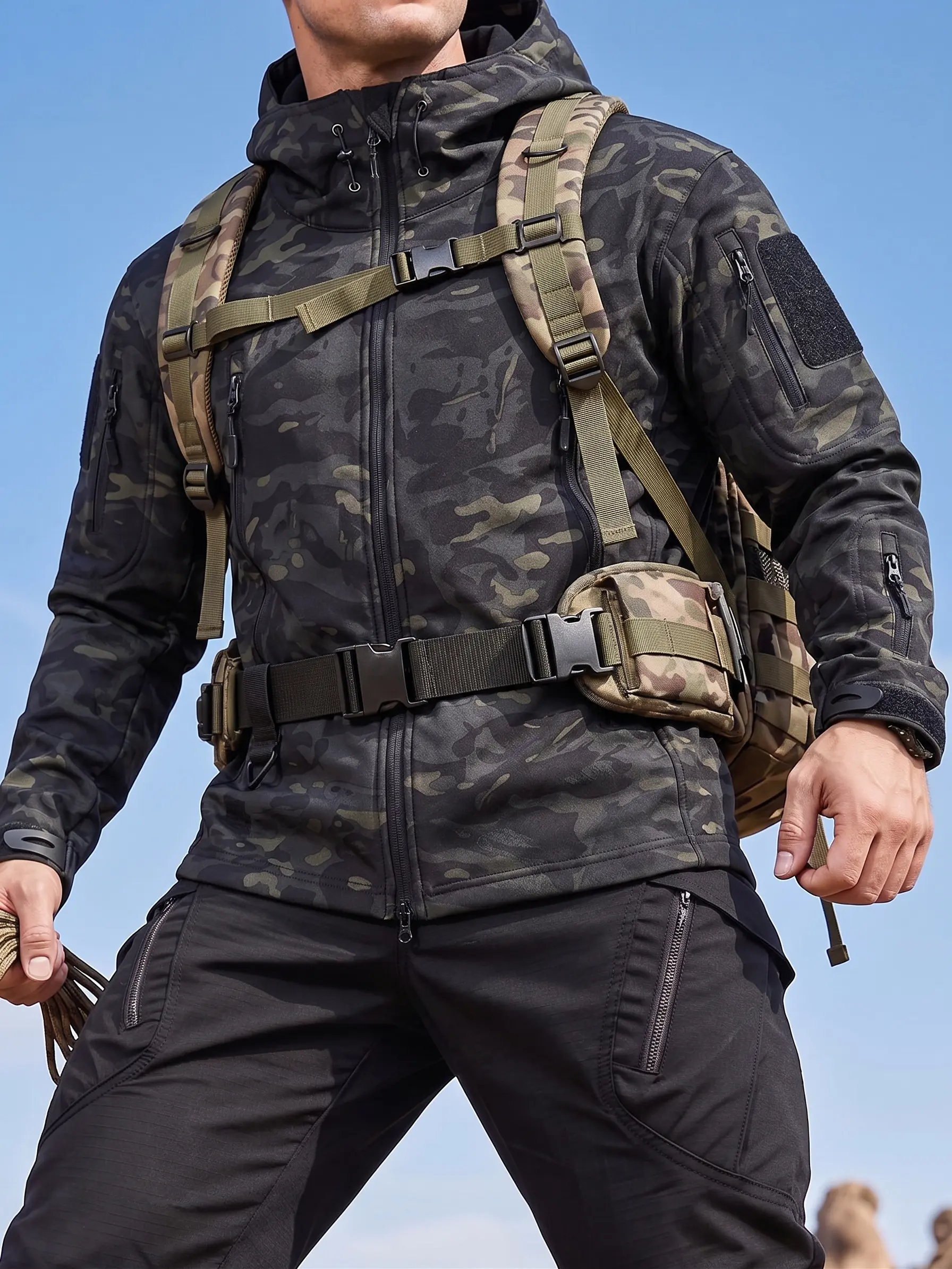 Men Camouflage Tactical Soft Shell Hooded Jacket Full Zip Wind Resistant Multi Pocket Outdoor Coat for Hiking Camping Hunting Travel