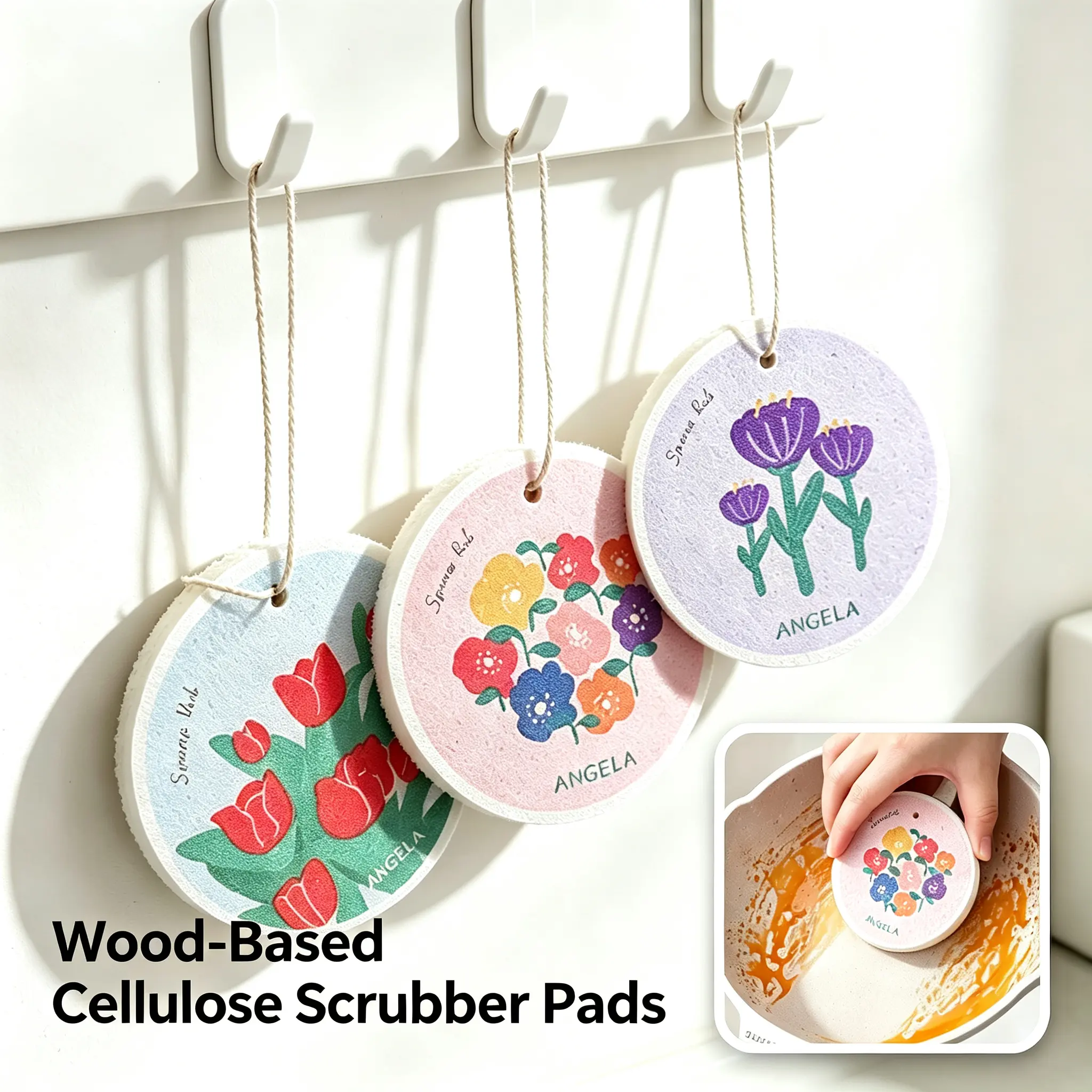 6Pcs Floral Wood Pulp Scrubber Pads, Eco Friendly Cellulose Dishwashing Sponge, Expandable High Absorbency Sponges, Scratch Free with Hanging Hole, Rich Foam Low Detergent, Multi-use Cleaning Tools for Kitchen Cup Tea Set Bathroom Furniture