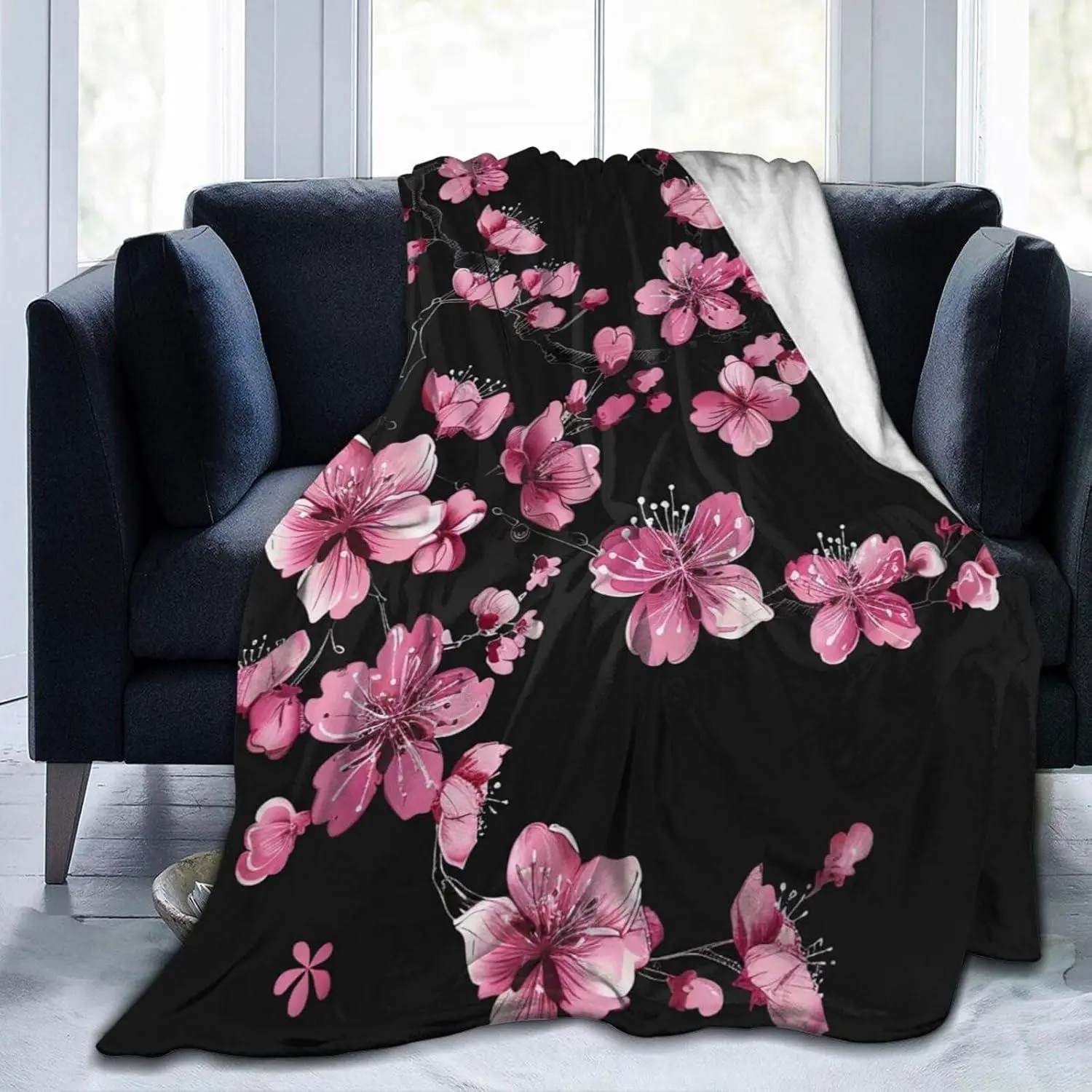 Pink Cherry Blossom Throw Blanket Fluffy Fleece Blankets Flowers Lightweight Travel Blanket Indoor Outdoor Blanket for Couch Sofa Bed 60"x50"