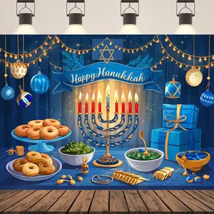1pc Hanukkah Party Banner - Vibrant Polyester Backdrop with Menorah, Dreidels & Festive Decorations for Home, Wall, and Holiday Celebrations, Celebration Background | Vibrant Festive Design | Dur White