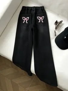 Y2K Women's Bow Embroidered Wide Leg Jeans, Casual Loose Fit Low Waist Long Pants, Comfortable for All Seasons