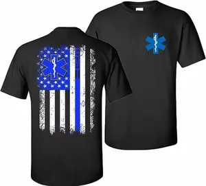 EMT Flag T-Shirt, Emergency Medical Technician Blue Line Graphic Tee, Distressed American Flag EMT Symbol Shirt, First Responder Support Apparel