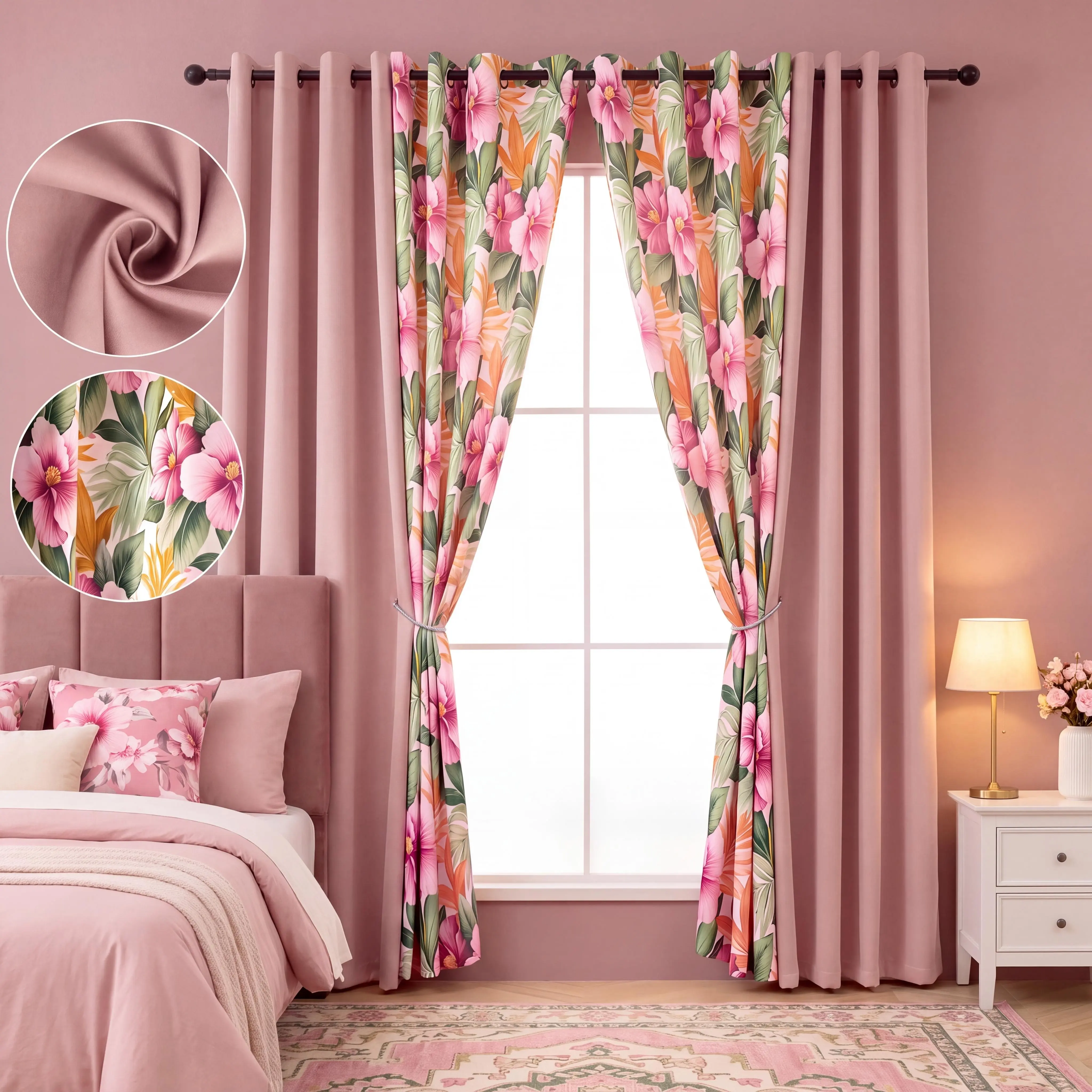 AURA 4-Panel Set 52"x84" Grommet Blackout Curtain Combo, 2 Solid + 2 Floral Print Panels, Thermal Insulated Wrinkle Resistant Room Darkening Noise Reducing Privacy Drapes for Bedroom Office, QF428 QF222, Black Friday Holiday Home Deals