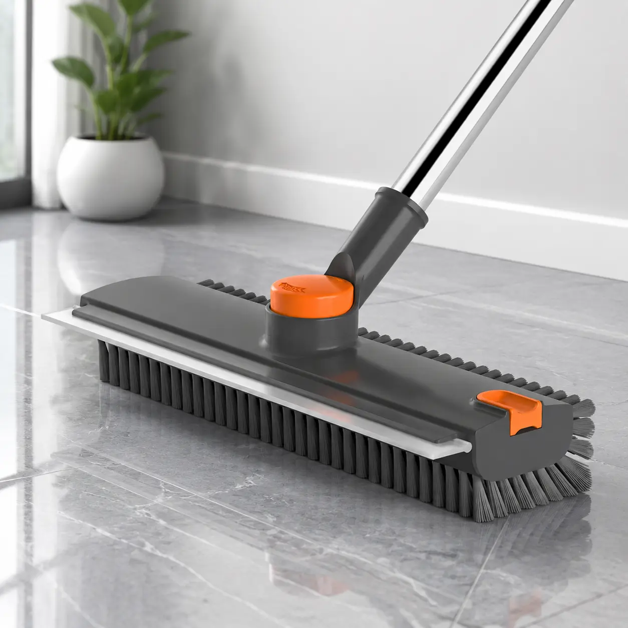 Floor Scrub Brush with Long Handle, 3-in-1 Heavy Duty Stiff Bristle Scrubber with Squeegee & Scraper, Adjustable Long Handle Shower Scrubber Cleaning Brush for Bathroom Tile Kitchen Garage Patio Deck Concrete Wall Floor Cleaning Tool