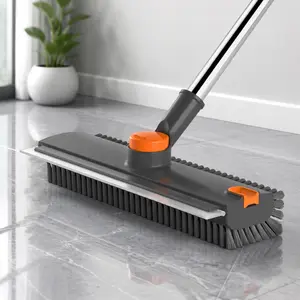 Floor Scrub Brush with Long Handle, 3-in-1 Heavy Duty Stiff Bristle Scrubber with Squeegee & Scraper, Adjustable Long Handle Shower Scrubber Cleaning Brush for Bathroom Tile Kitchen Garage Patio Deck Concrete Wall Floor Cleaning Tool