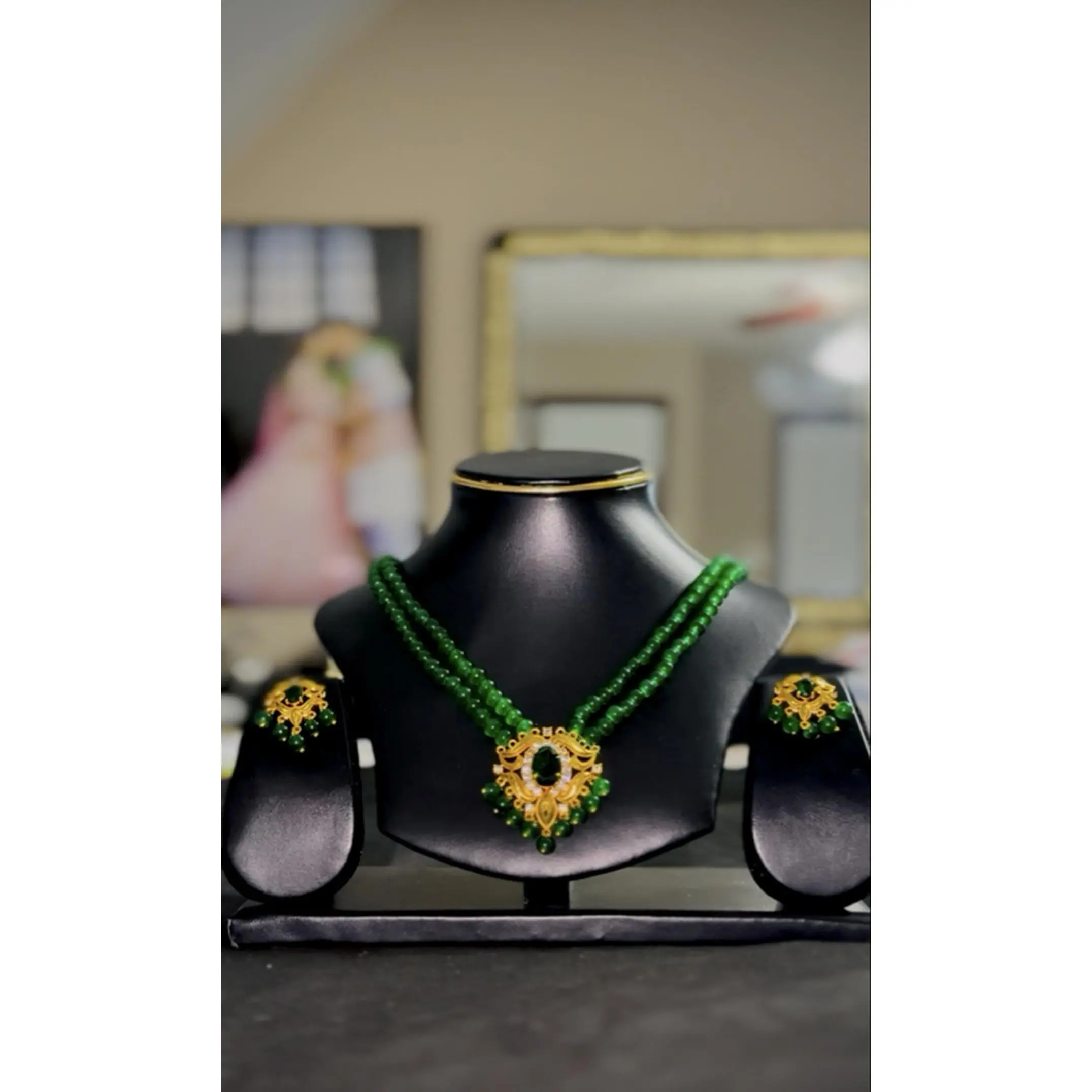 Green Stone Gold Plated Necklace with Elegant Design and Vibrant Green Beads