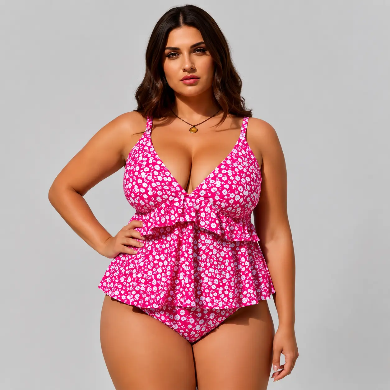 Plus Size Pink Floral Tankini Swimsuit Set for Women, V Neck Ruffle Tankini Top with Matching Bikini Bottom, Flared Hem Two Piece Bathing Suit, Printed Swimwear for Beach Pool Vacation Resort Wear