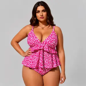 Plus Size Pink Floral Tankini Swimsuit Set for Women, V Neck Ruffle Tankini Top with Matching Bikini Bottom, Flared Hem Two Piece Bathing Suit, Printed Swimwear for Beach Pool Vacation Resort Wear