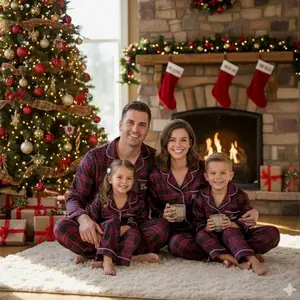 Burgundy Plaid Satin Pajamas, Personalized Check Satin Sleepwear, Deep Red Satin Christmas Pajama Set, Custom Holiday PJs Family Matching
