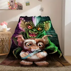 Contemporary Reversible Flannel Throw Blanket with Digital Print, Soft Warm Alien and Gremlin Design for Sofa, Office Bed, Camping, Travel Nap - All-Season, Knitted, Polyester - Great Halloween Gift