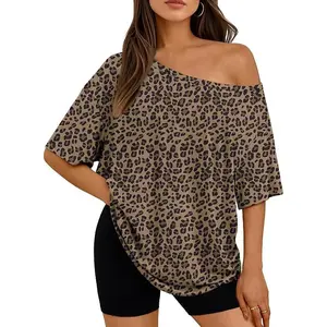 Leopard Print Off The Shoulder Oversized Tshirt Short Sleeve Basic Tee 2026 Casual Summer Fashion Clothes Y2K Valentine's Day Gift
