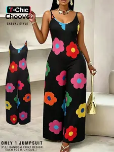 Women's Casual Large Colorful Floral Print Halter Street Fashion Jumpsuit, Side Slit Pockets, Thin Soft Fabric, Sexy Loose-Fitting One-Piece