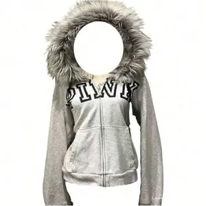Zip Up Hoodie Fur Jackets Emo Grunge Crop Winter Coats Teen Streetwear 2000s Vintage