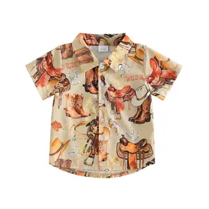 Western Baby Boy Clothes Cow Print Short Sleeve Button Down Shirt Lapel Neck T-Shirt Toddler Cowboy Summer Tops