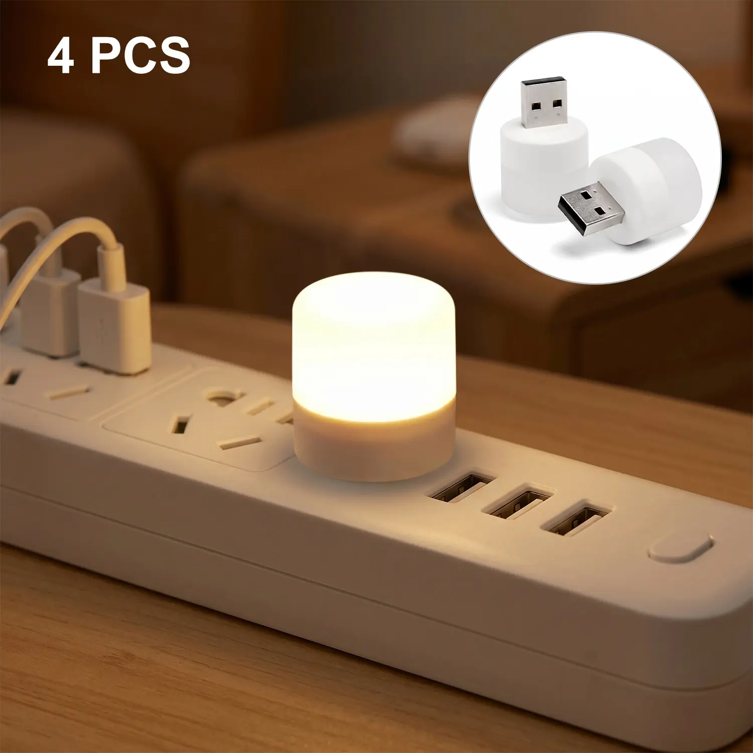 4-Pack Mini Round USB LED Night Light - Eye Care Soft Warm Portable Table Lamp, USB-Powered Plug-In Decorative Light Compatible with Power Bank, Laptop, Charger for Bedroom, Travel, Decorative Lights