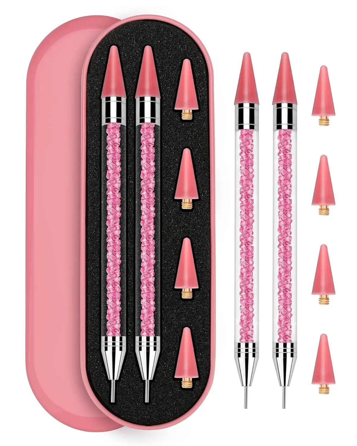 Dual-Ended Rhinestone Applicator Dotting Wax Pen Set, 2PCS with 4PCS Replaceable Wax Tips, Stainless Steel Youth Nail Care Manicure Tool for DIY Nail Art (Pink) - Ideal Gift