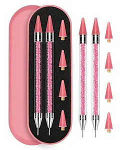 2PCS Rhinestone Applicator Tool Dotting Wax Pen Dual-Ended with 4PCS Replaceable Wax Tips for DIY Nail Art Tool (Pink)