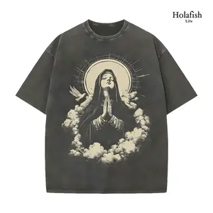 Holafish Ladies Retro Snow Wash Cotton Oversized T-Shirt, Serene Nun Print with Dove and Clouds, Ideal for Mother's Day Presents, Casual Outings, Coffee Dates, and Home Relaxation, Relaxed Loose Fit for Trendy Comfort.