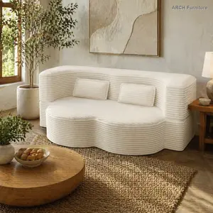 Modern Arch Convertible Floor Sofa Bed - Full-Size Foldable Foam-Filled Mattress, Plush Corduroy Upholstery, 2 Pillows, No-Assembly Comfortable Couch for Living Room Guest Bed (Beige, White)