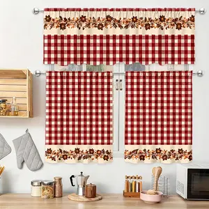 Vintage Red And White Checkered Floral Kitchen Curtains with a Cozy Design, Suitable for Rod Pocket Hanging. This Home Decor Art Print Comes in Various Sizes, Including Tier And Valance Sets Foldable Colorful Room Divider living Leaf Transparent