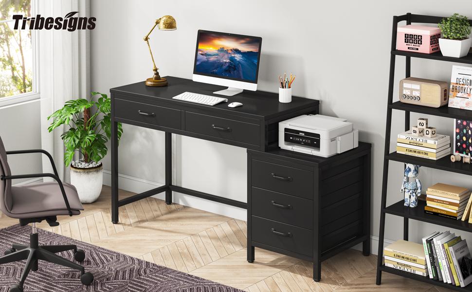 Tribesigns Computer Desk with 5 Drawers, Home Office Desks with Reversible Drawer Cabinet Printer Stand, Industrial PC Desk with Storage, Rustic Study Writing Table Workstation for Small Spaces, Black