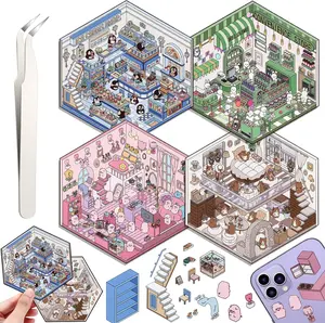 DIY 3D House Stickers, 4 Set Fun DIY Stickers Scene Make Your Own Warm Home, Supermarket, Coffee Shop, Music Bar, Cute 3D Cartoon Scene Stickers for Adult Kids Relief Stress Pass The Time (SY2.0)