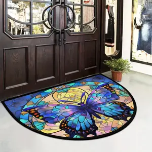 Bohemian Style Butterfly Pattern Semi-Circle Outdoor Door Mat, Vibrant Floral Design, Non-Slip for Kitchen Bathroom, 5 Designs Available