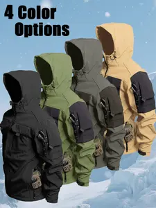 Men's Outdoor Tactical Insulated Hooded Training Jacket, Shark Skin Softshell Multi-Pocket Workwear, Fleece-Lined Thickened Hooded 3-in-1 Sports and Hiking Jacket, suitable for outdoor training and exercise, Outdoor Sportswear