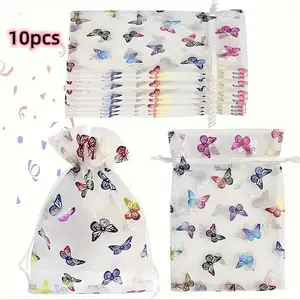 10pcs Colorful Gold Foil Butterfly Pattern Gift Bags, Drawstring Organza Pouches for Jewelry and Event Favors, Decorative Storage Bags