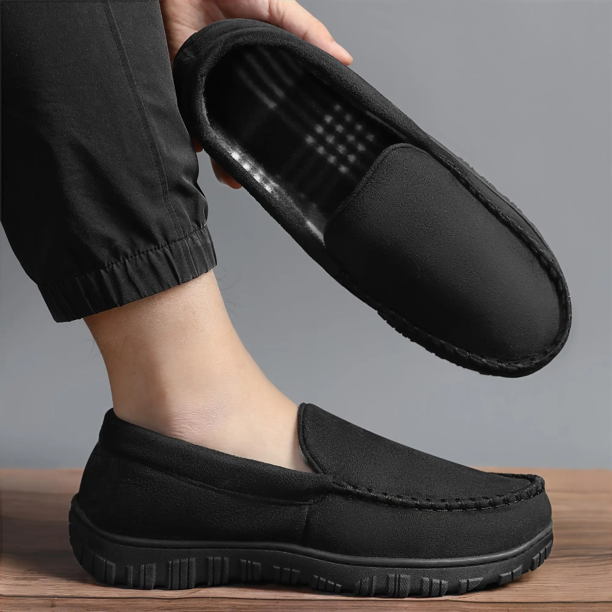 shoeslocker Men's Slip-On Moccasin Loafer Ankle Slippers - Memory Foam, Soft Plush Lining, Non-Slip Rubber Sole, Black/Grey, Ideal for Bedroom to Errands, Father's Gift