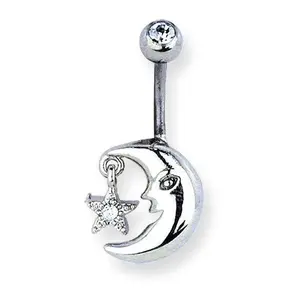 Surgical Stainless Steel Curved Belly Button Ring - Moon & Clear Crystal