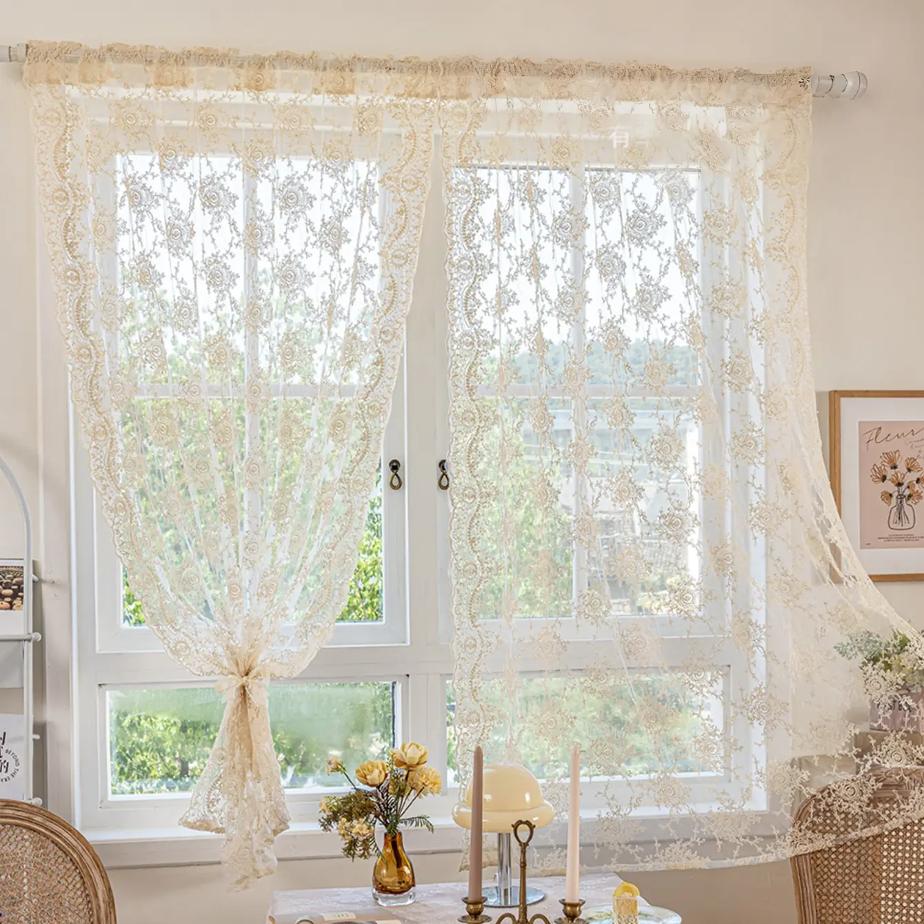 French Embroidered Lace Curtain, Home Decoration Curtain, No-Drill Rod Pocket, Translucent Half Drapes for Bedroom Balcony, Curtains Sheer, Elegant Garden Style Window Shade, Curtains and Nettings