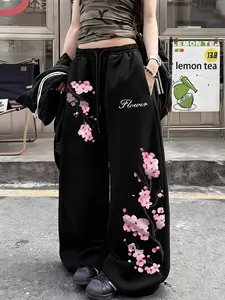 Women's Wide Leg Pants, Tribal Print, Floral, Drawstring Waist, Fitted, Casual Street Style, All Seasons, Elastic Comfort, Versatile, Casual Chic Bottoms