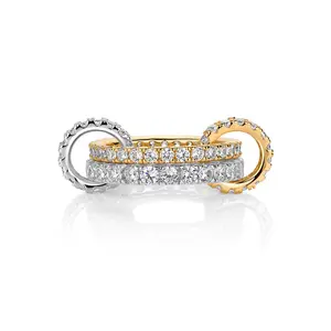 PAVOI 14K Gold Plated Interlocked Two Tone Connector Ring for Women - Statement Double Band Stack - Cubic Zirconia Mixed Metals Stacking Jewelry