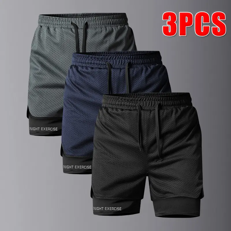 Men’s 2-in-1 athletic shorts—double-layer gym training shorts and men’s sports basketball faux two-piece shorts with an adjustable drawstring waist—made from lightweight, breathable fabric suitable for running, basketball, gym workouts, mountaineering, an