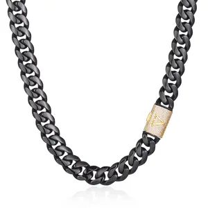 Men's Black Stainless Steel Cuban Link Chain Necklace Miami Chain with Bling Letter A-Z