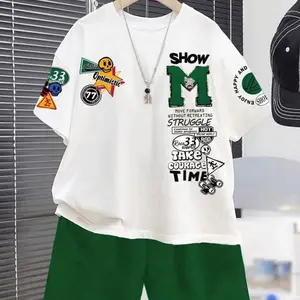 Boys' Casual Letter 3D Fashion Print Round Neck Short Sleeve T-Shirt Shorts Set, Summer Wear, Geometric Pattern, Fitted Style