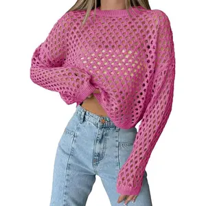 Lannew Womens Crochet Crop Tops Summer Long Sleeve Mesh Knit Beach Cover Up Hollow Out Crewneck Pullover Sweaters