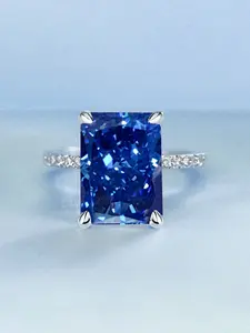 Women's Blue Cubic Zirconia Pave Engagement Ring, Princess Cut Four Prong Ring S925 Silver Color Wedding Jewelry Gift for Her, Promise Proposal Ring