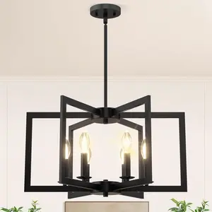 Modern Black Chandelier, 6-Light Geometric Dining Room Light Fixture, Industrial Pendant Lights Kitchen , Hanging Metal Farmhouse Chandeliers for Dining Room Entryway Foyer Bedroom Kitchen