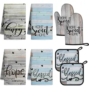 8 Pcs Farmhouse Kitchen Decor Accessories Set 4 Dish Towels 2 Pot Holders 2 Oven Mitts for Mother's Day Baking Cooking (Brown Green)